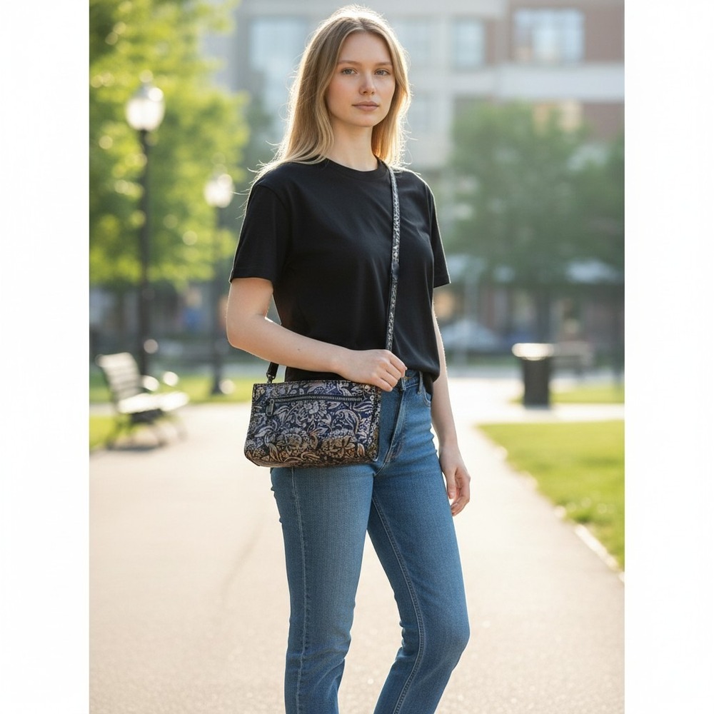 Patricia Nash Black Leather Metallic Floral Brocade Crossbody Bag